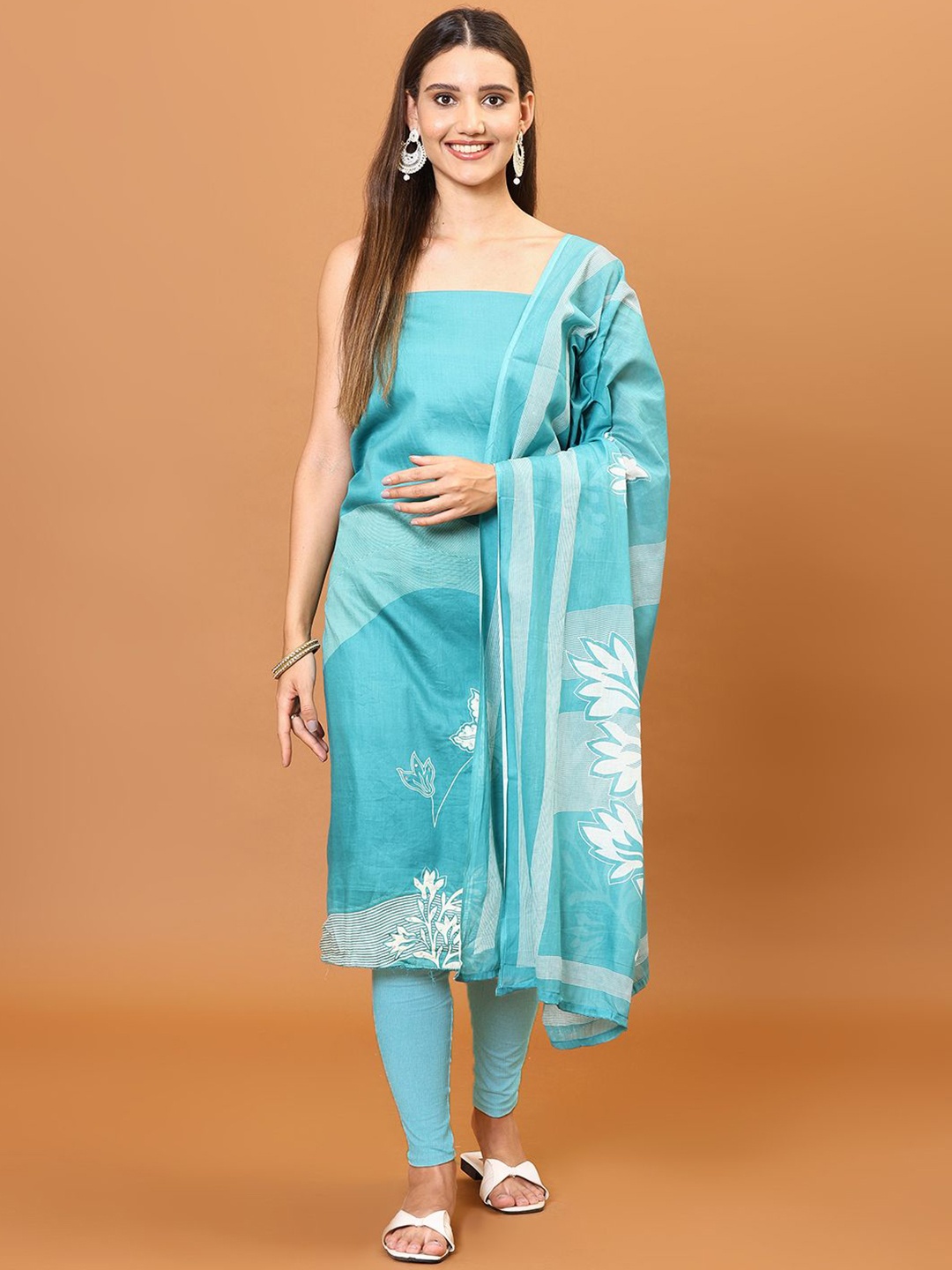 

Meena Bazaar Floral Printed Art Silk Unstitched Dress Material, Sea green