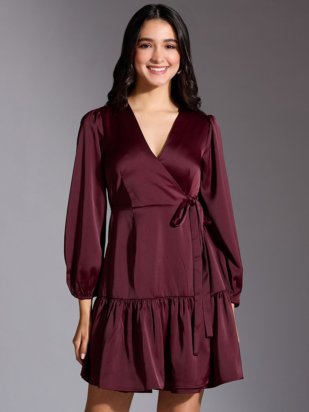 

20Dresses Puff Sleeve Satin Mini Dress, Maroon