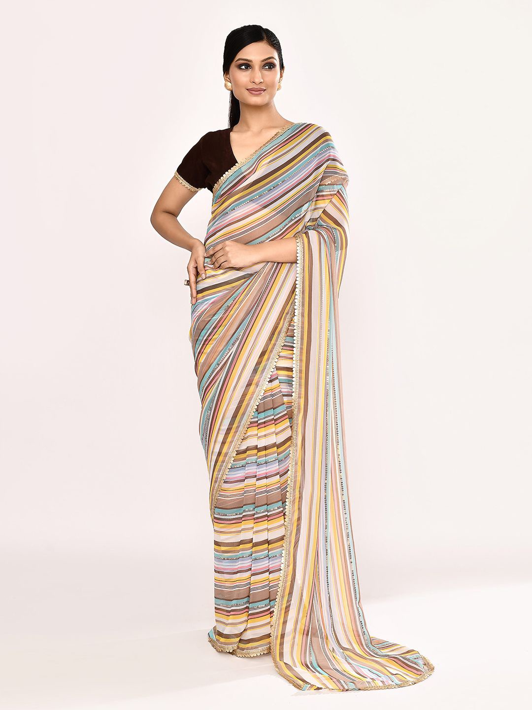 

Samyukta Singhania Striped Sequinned Poly Georgette Saree, Gold