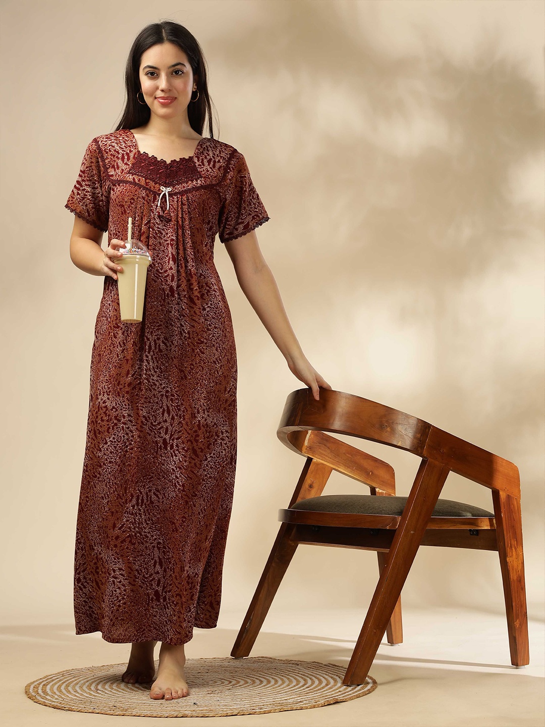 

9shines Label Women Abstract Printed Maxi Nightdress, Maroon