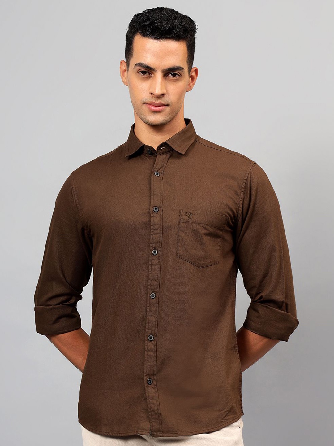 

Cantabil Men Spread Collar Solid Cotton Casual Shirt, Brown