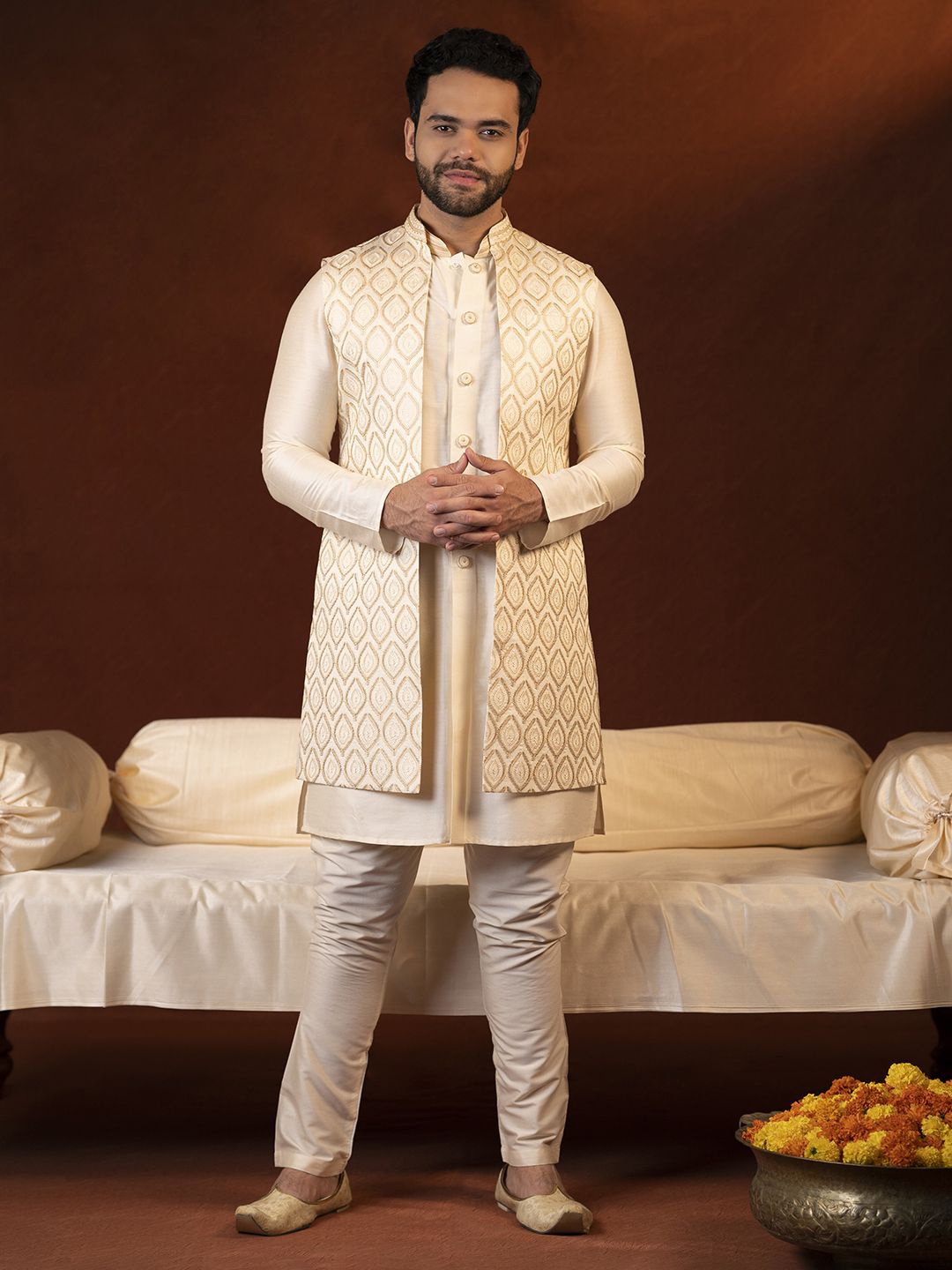 

TheEthnic.Co Mandarin Collar Pure Cotton Kurta with Churidar, Cream