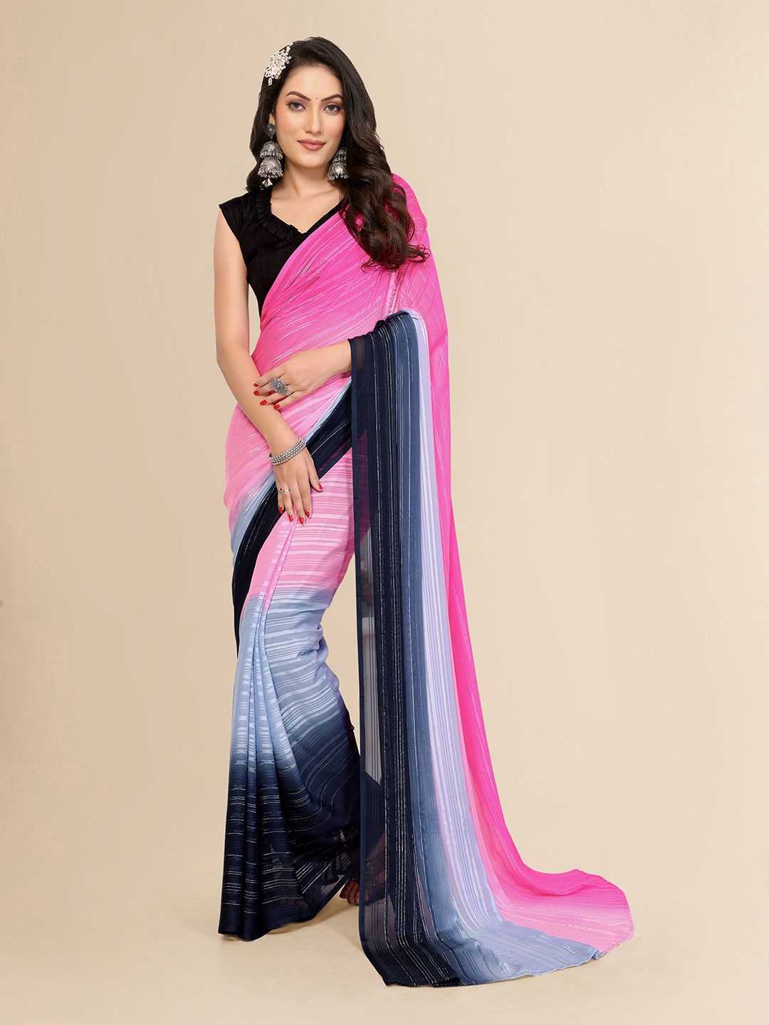 

Moda Rapido Striped Satin Saree, Pink