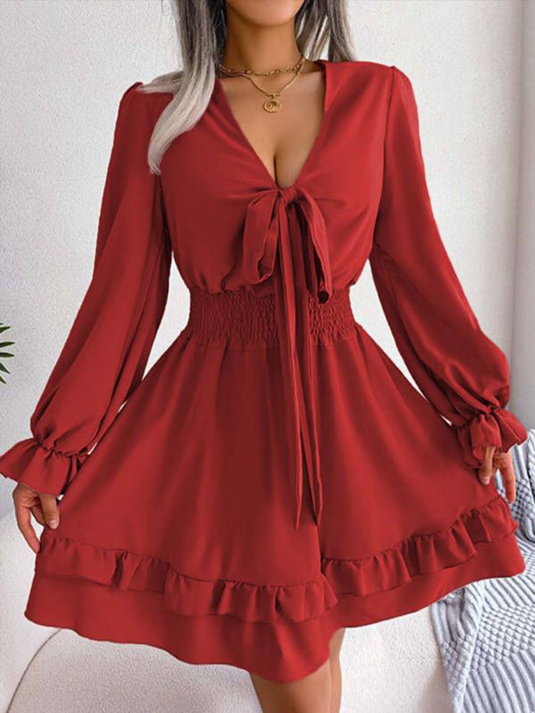 

HERE&NOW Women Flared Sleeve Fit & Flare Dress, Red