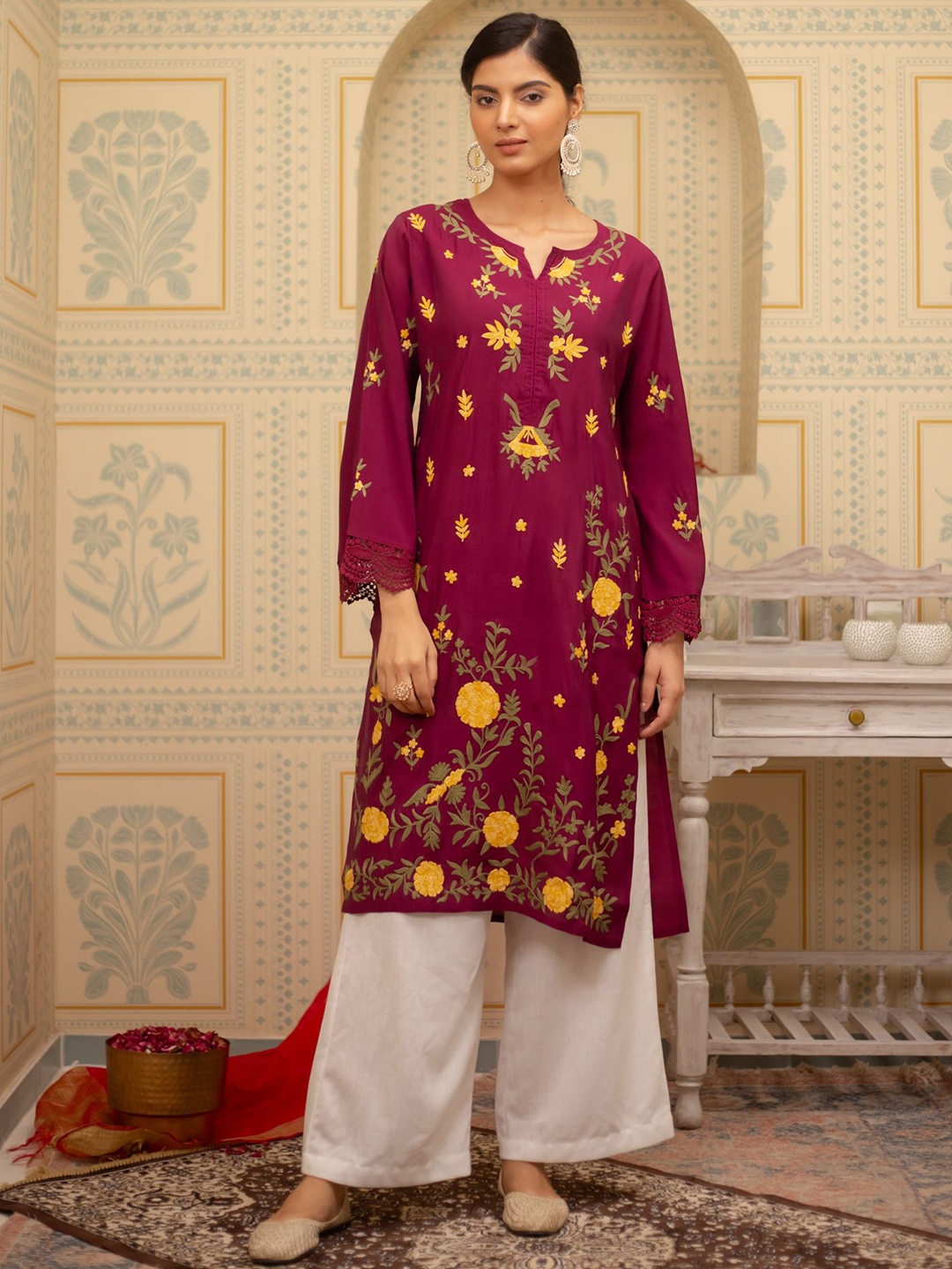 

House of Kari Pure Cotton Straight Kurta With Aari Work, Burgundy