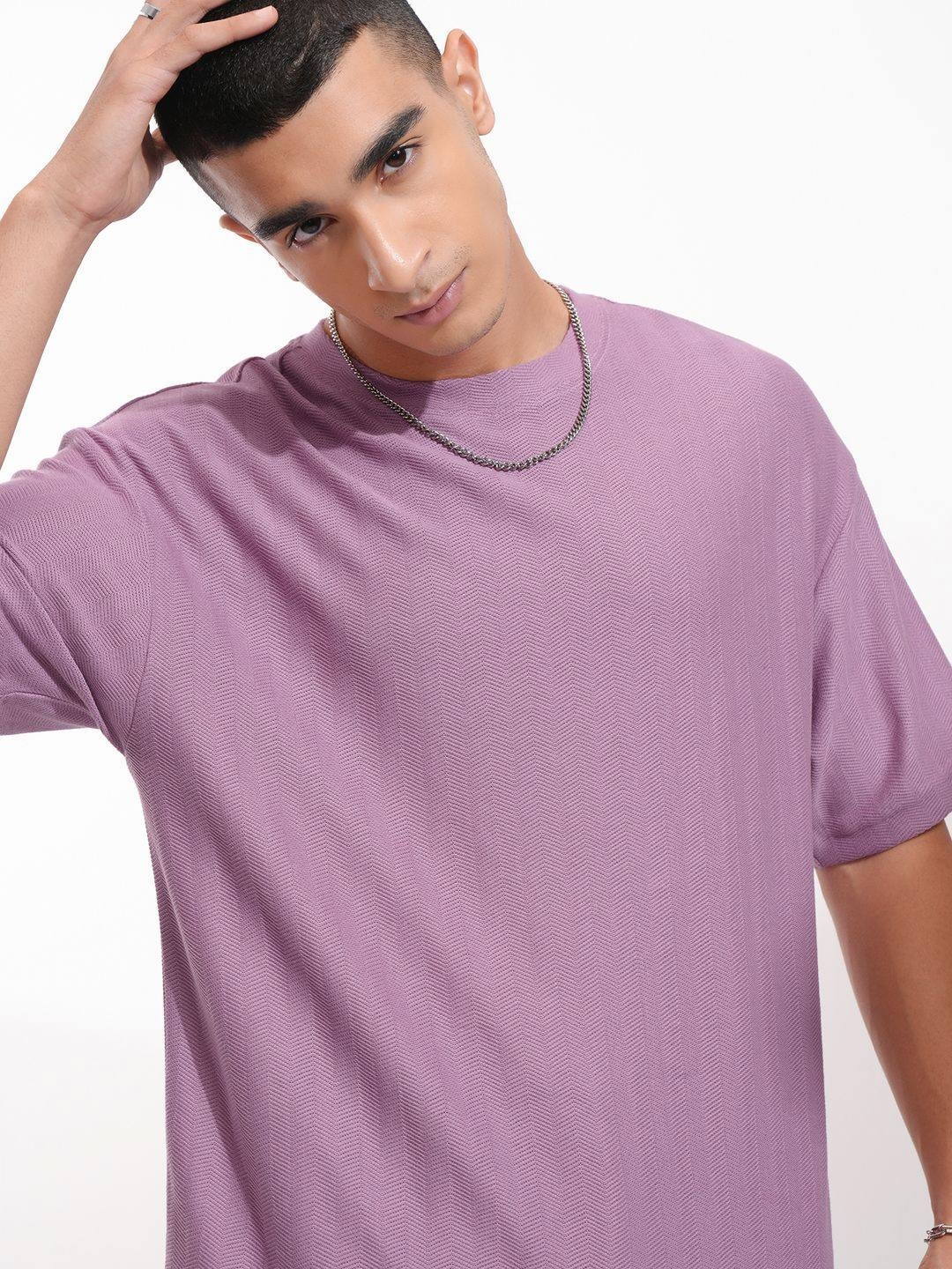 

HIGHLANDER Men Self Design Round Neck Cotton Oversized T-shirt, Purple
