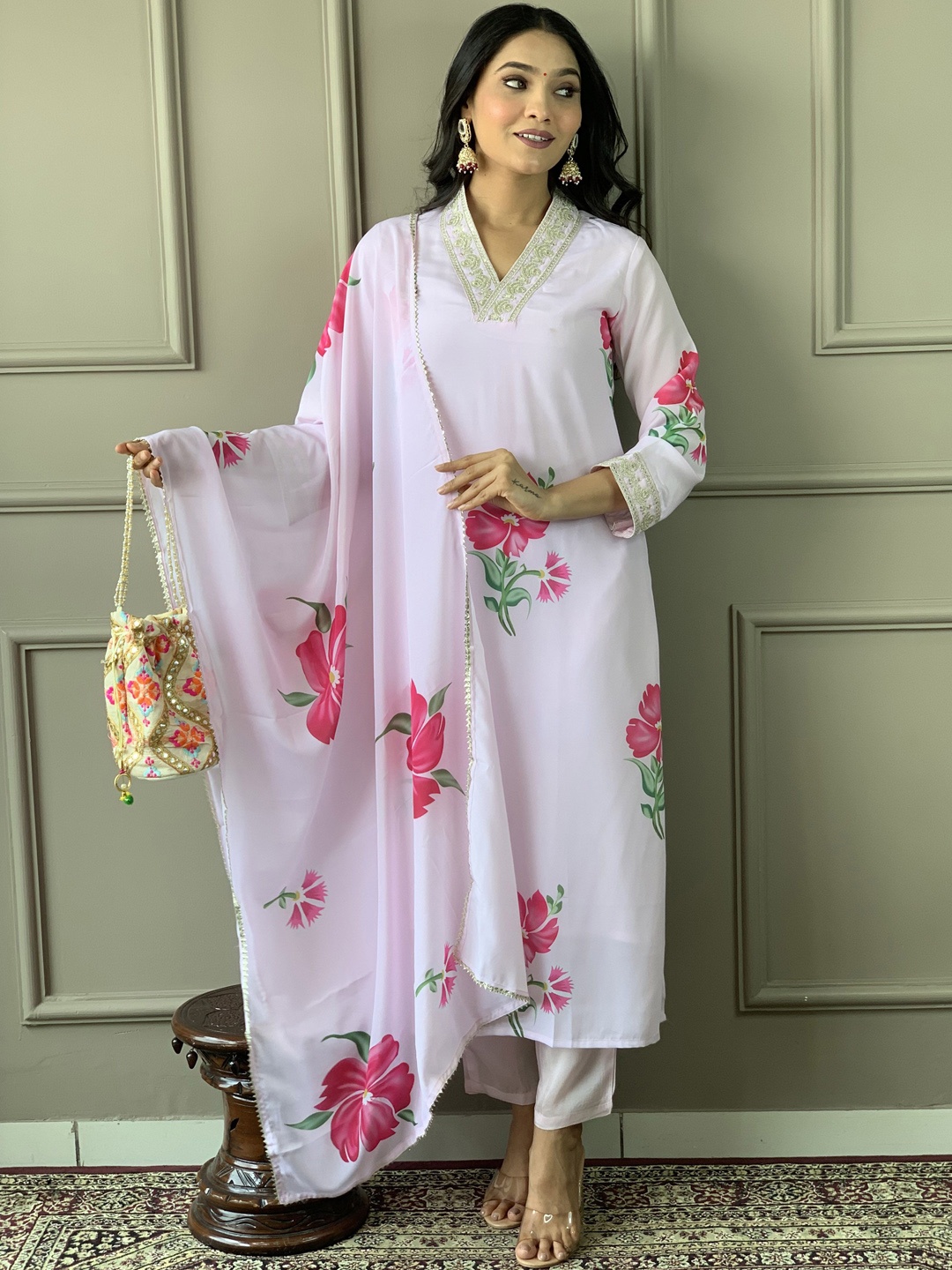 

BHUMIKA CREATION Floral Printed Silk Crepe A-Line Kurta With Trousers & Dupatta, Lavender