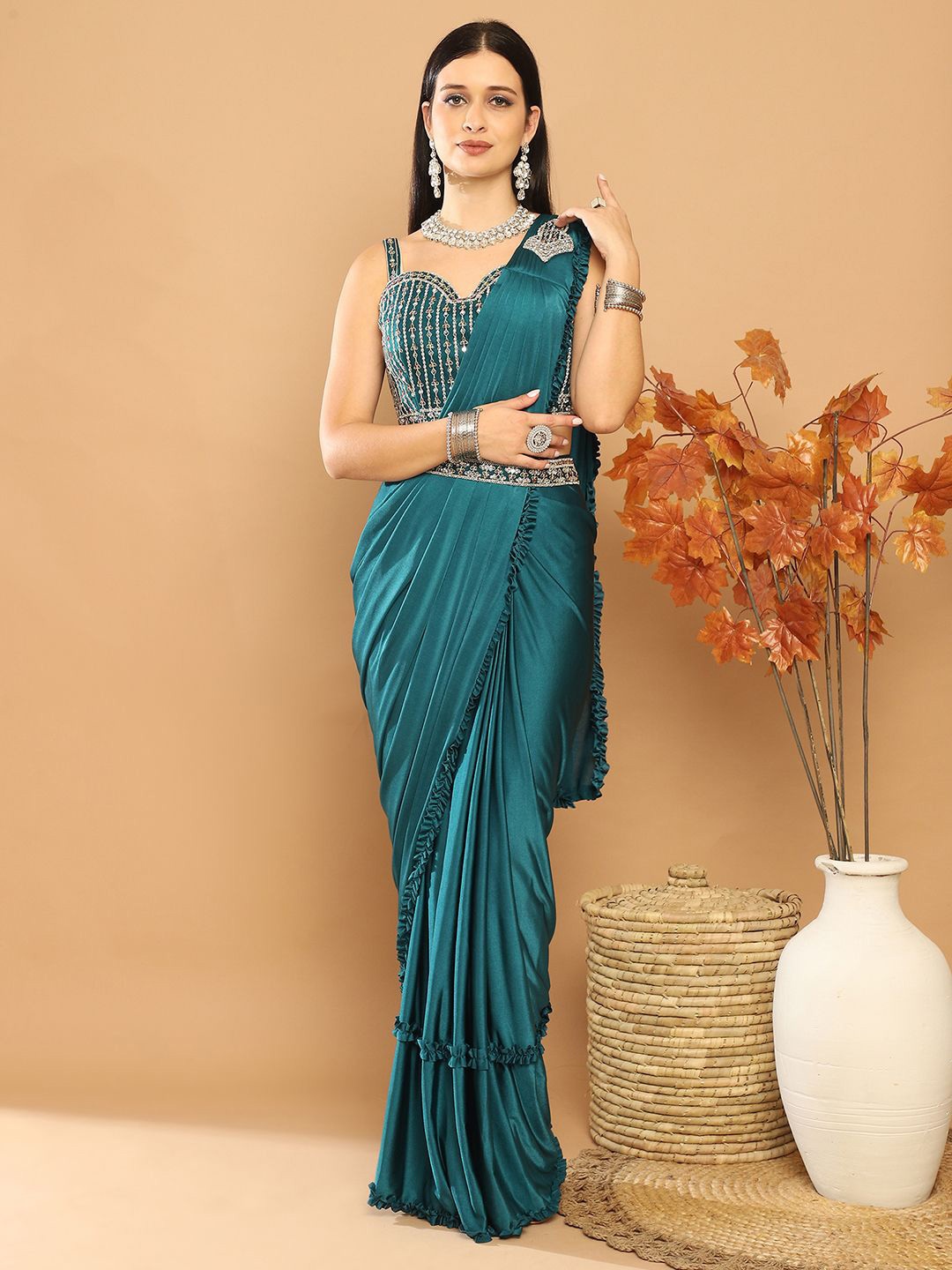 

Grancy Beads and Stones Ready to Wear Saree, Teal
