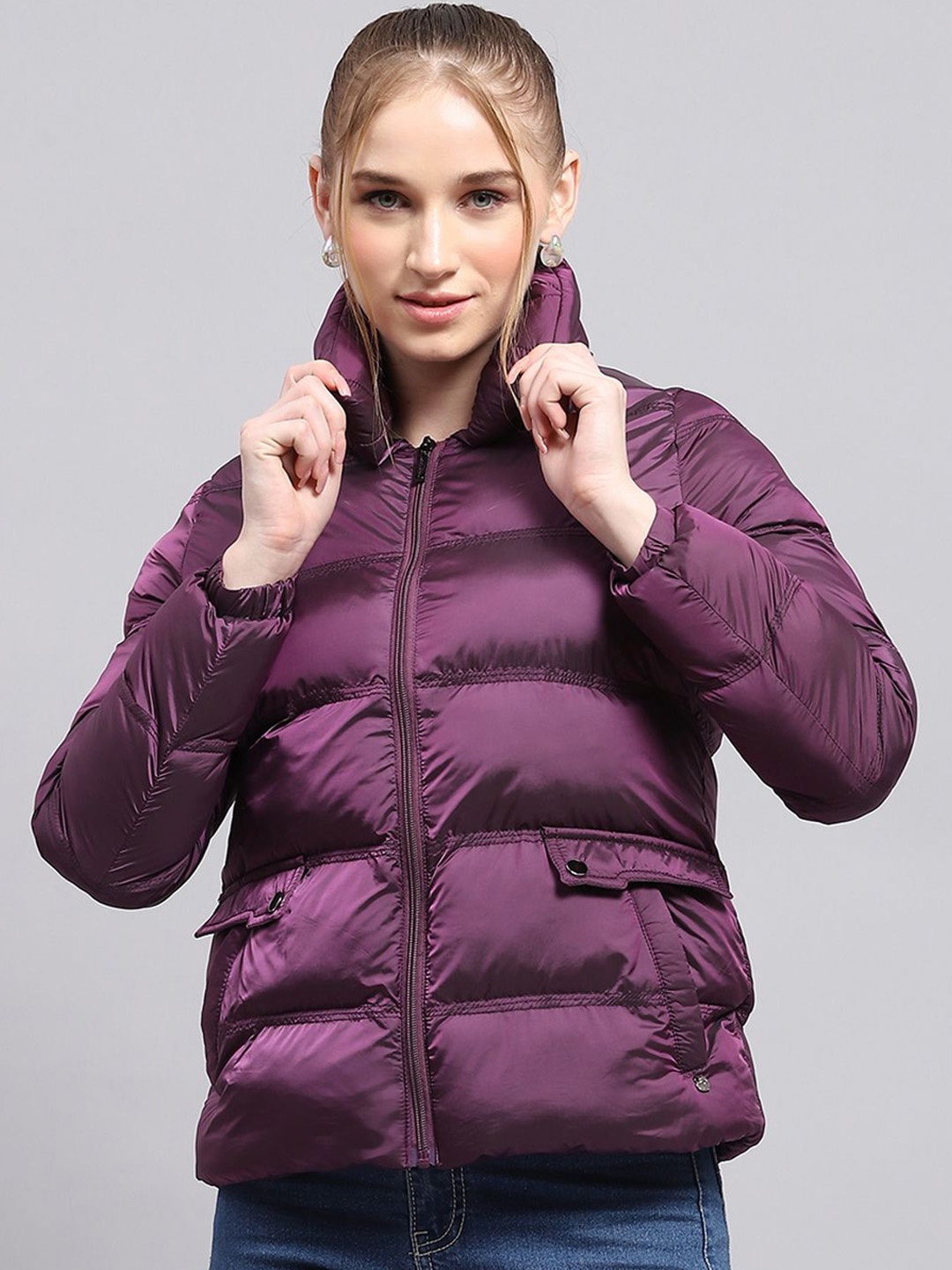 

Monte Carlo Women Spread Collar Solid Nylon Casual Puffer Jacket, Purple