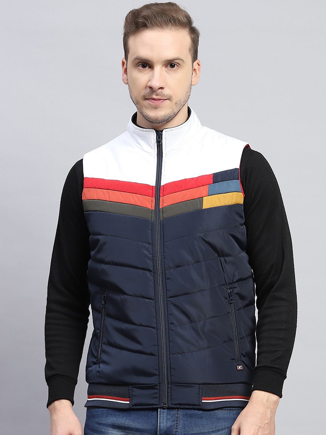 

Monte Carlo Men Mock Collar Striped Casual Padded Jacket, Navy blue