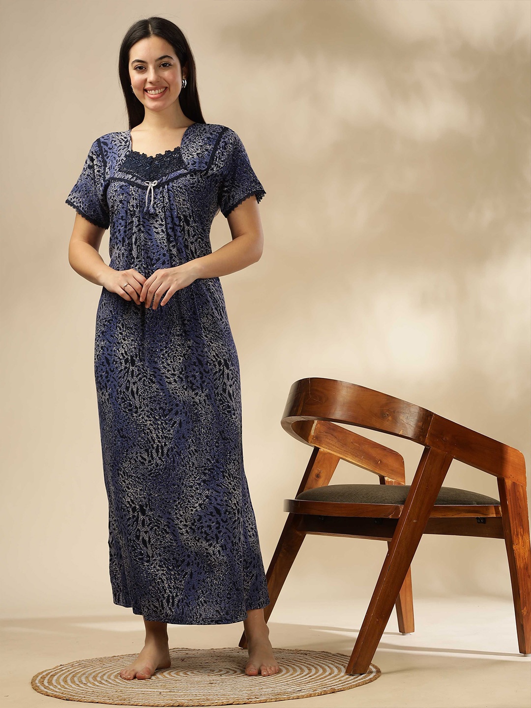 

9shines Label Women Animal Printed Maxi Nightdress, Blue