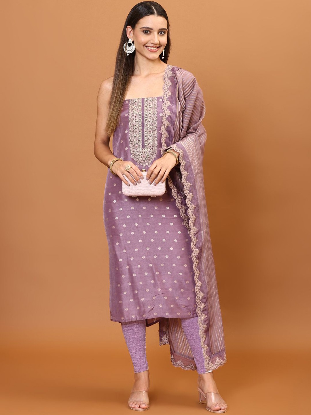 

Meena Bazaar Floral Embroidered Zari Art Silk Unstitched Dress Material, Purple