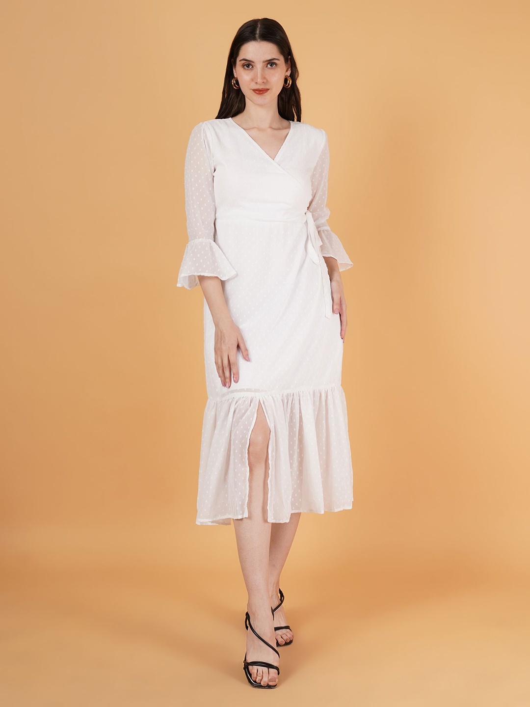 

Parona Women Bell Sleeve Wrap Midi Dress, White