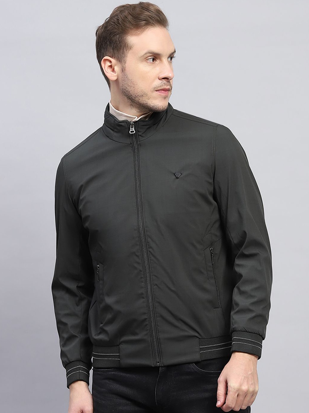 

Monte Carlo Men Mock Collar Solid Casual Open Front Jacket, Olive