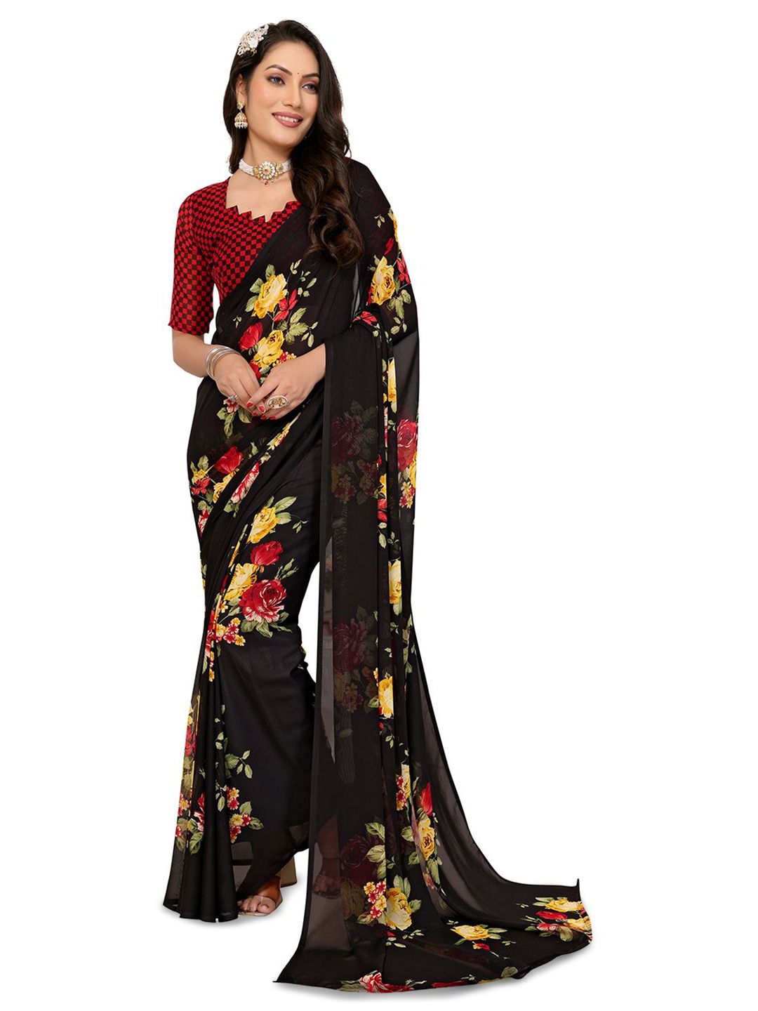 

Moda Rapido Floral Poly Georgette Saree, Black