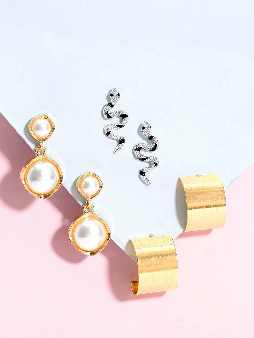 

Rubans Set Of 3 Contemporary 18K Gold & Rhodium Plated Earring with Pearl and Snake Motifs