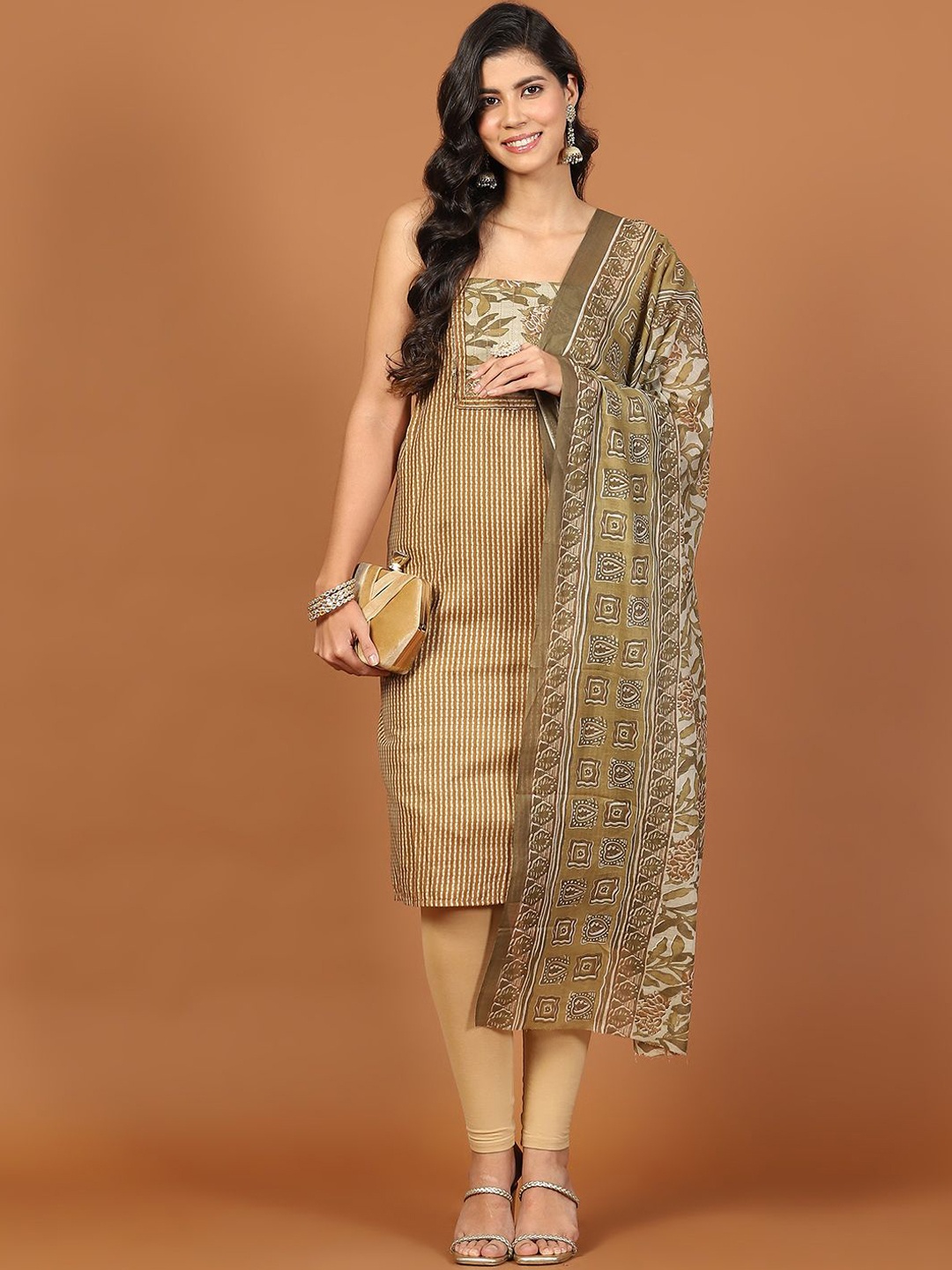 

Meena Bazaar Striped Thread Work Unstitched Dress Material, Brown