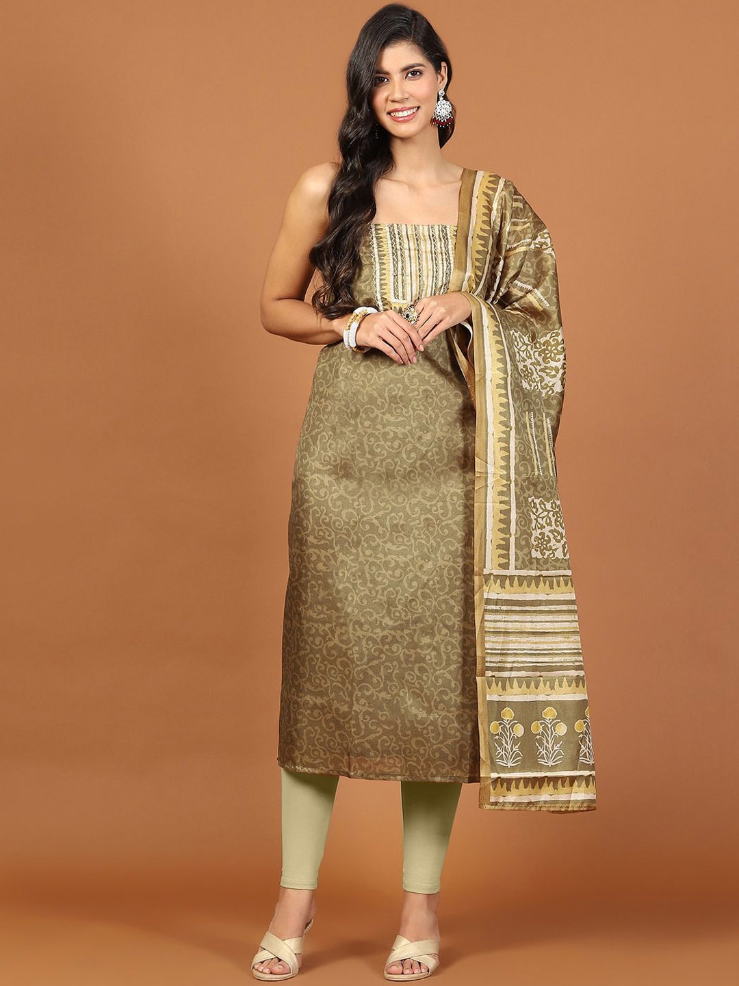 

Meena Bazaar Ethnic Motifs Printed Unstitched Dress Material, Green