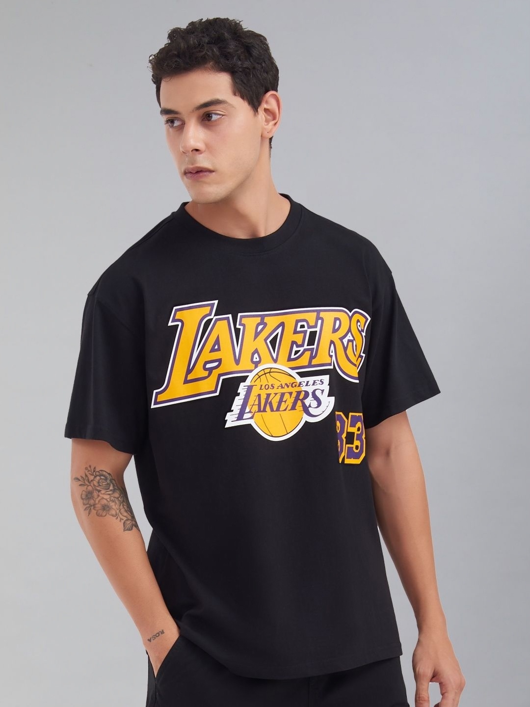 

NBA Men Graphic Printed Round Neck Cotton Oversized T-shirt, Black