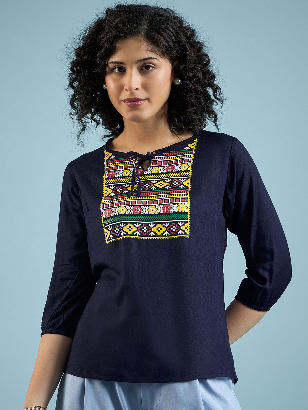 

Mayra Women Printed Tie-Up Neck Casual Top, Navy blue