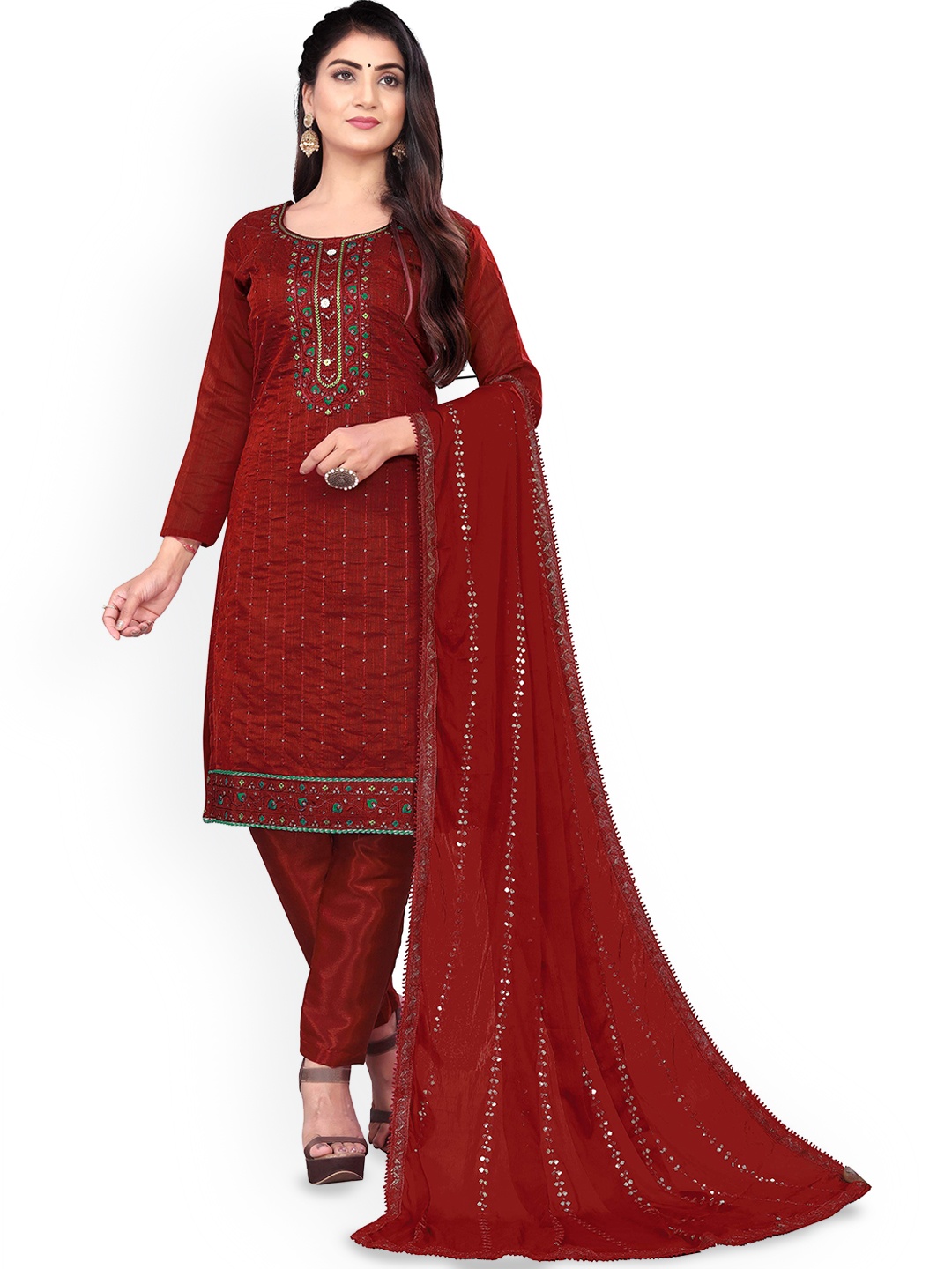 

Maroosh Floral Embroidered Sequinned Unstitched Dress Material, Maroon