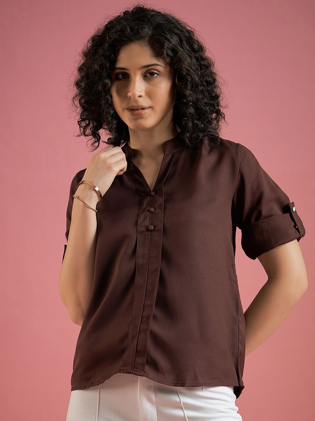 

Mayra Women Roll-Up Sleeves Crepe Top, Brown