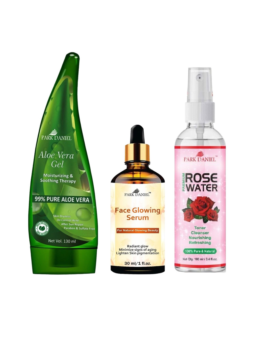 

Park Daniel Set of 3 Aloe Vera Gel 130ml & Rose Water 100ml & Face Serum 30ml, Multi