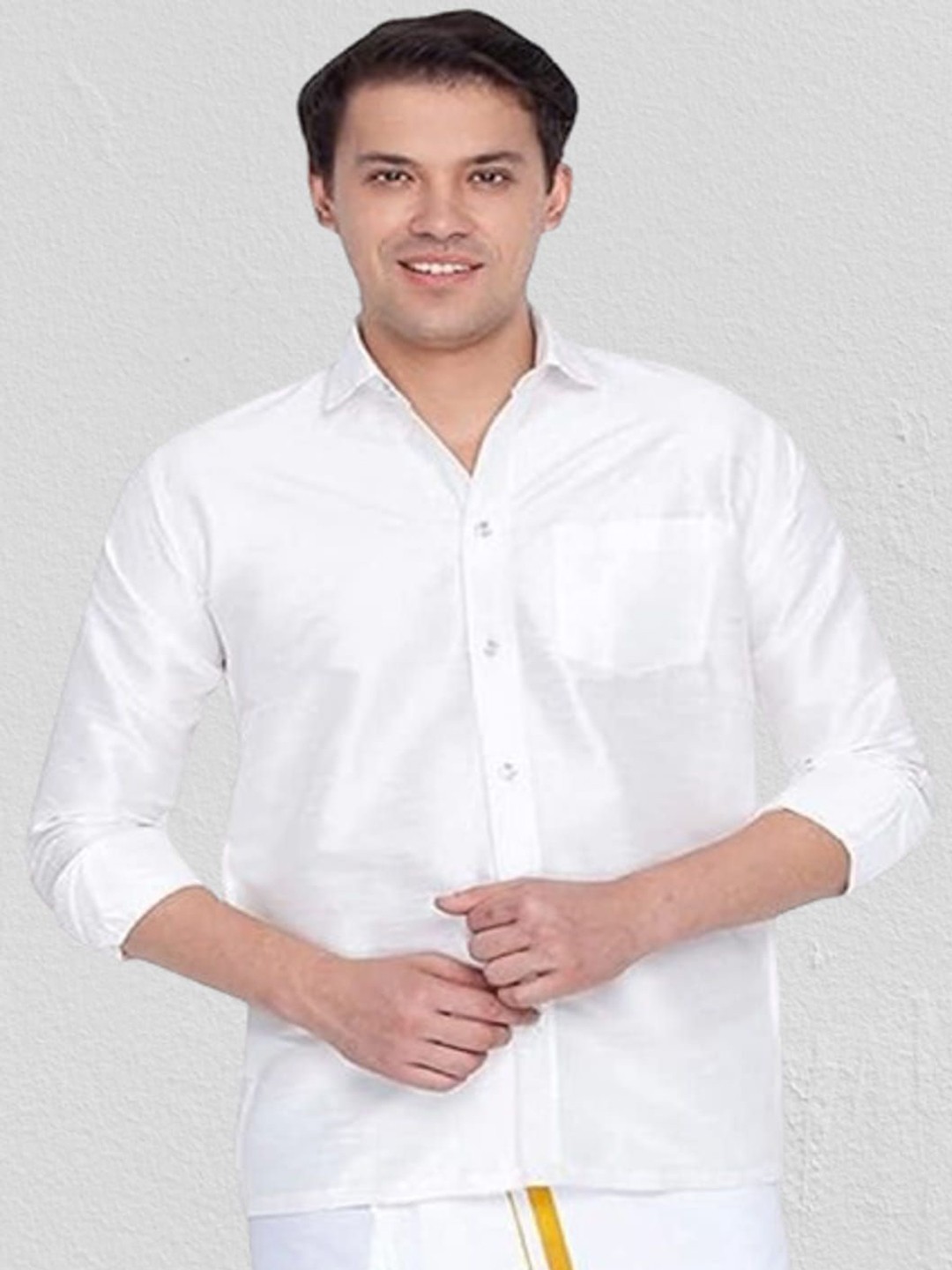 

BANHUSSAIN Men Spread Collar Solid Silk Casual Shirt, White