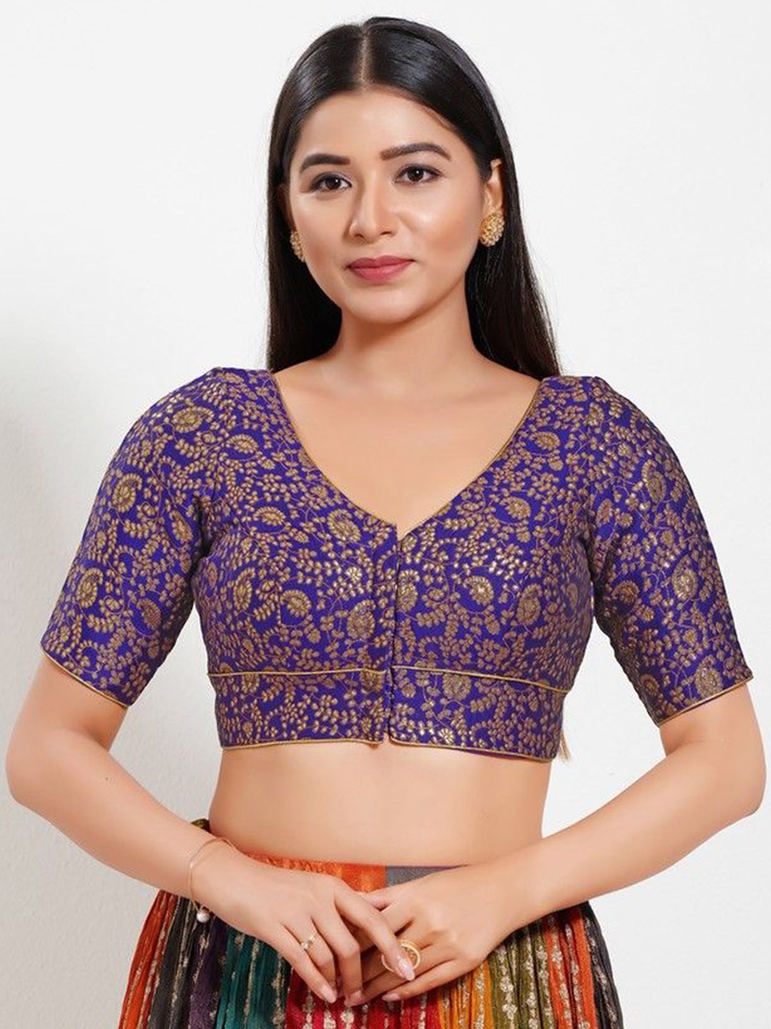 

Mmore Woven Design Brocade Padded Saree Blouse, Purple