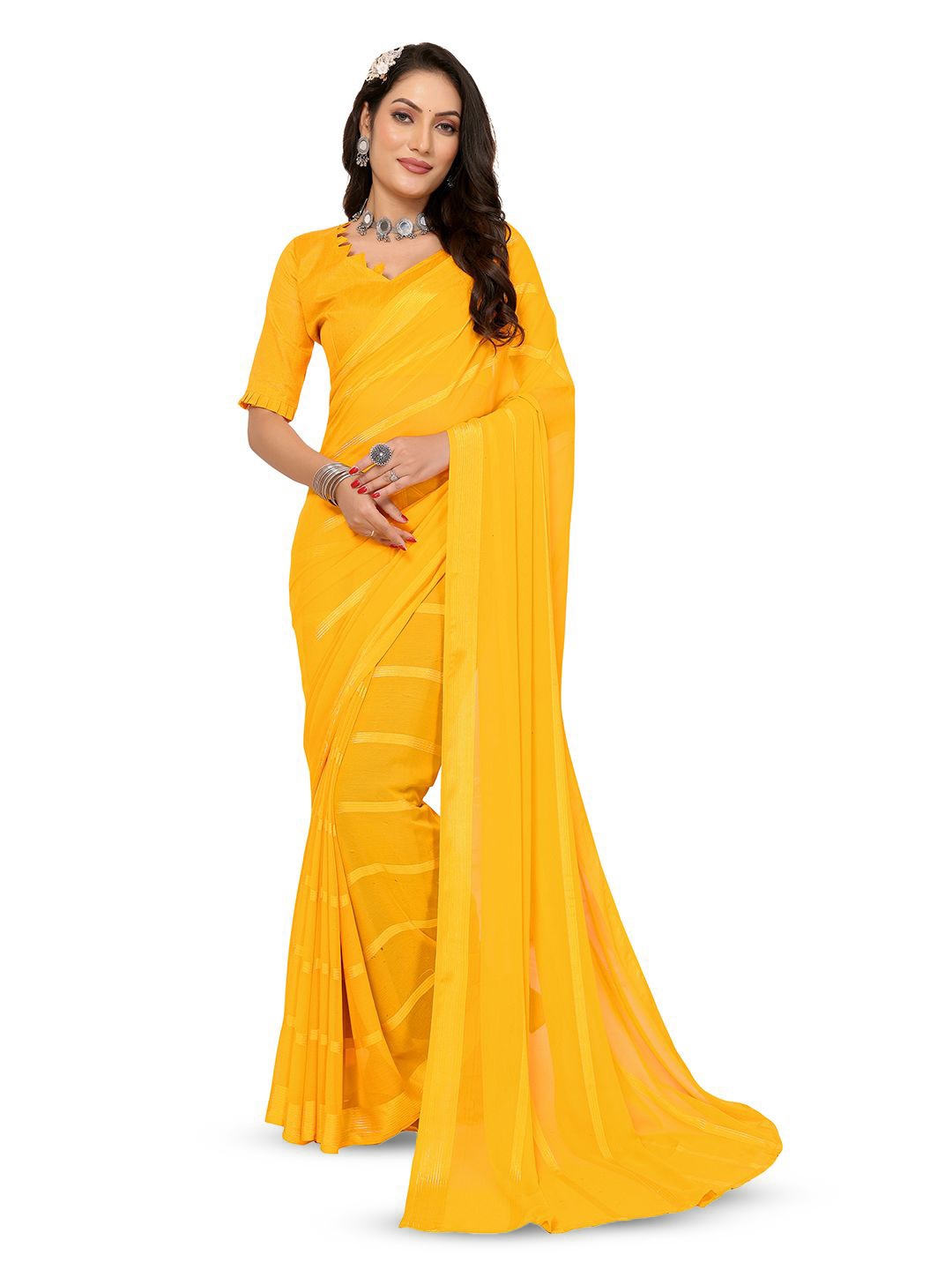 

Moda Rapido Striped Satin Saree, Yellow