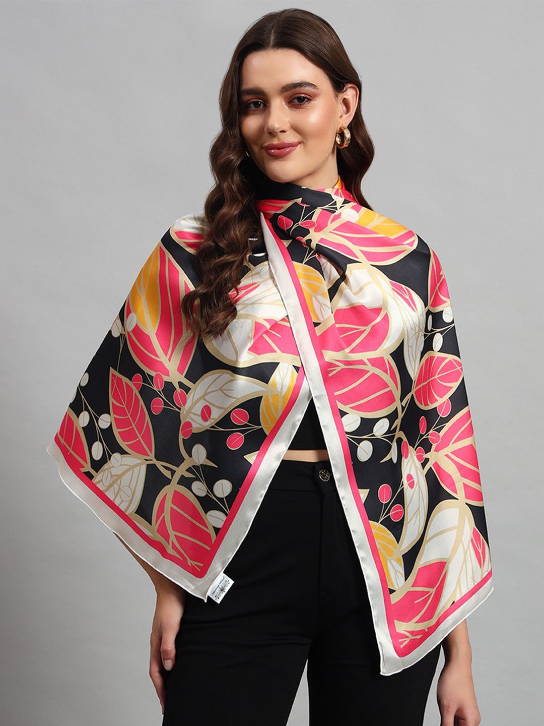 

Ravaiyaa Women Floral Printed Satin Scarf, Black