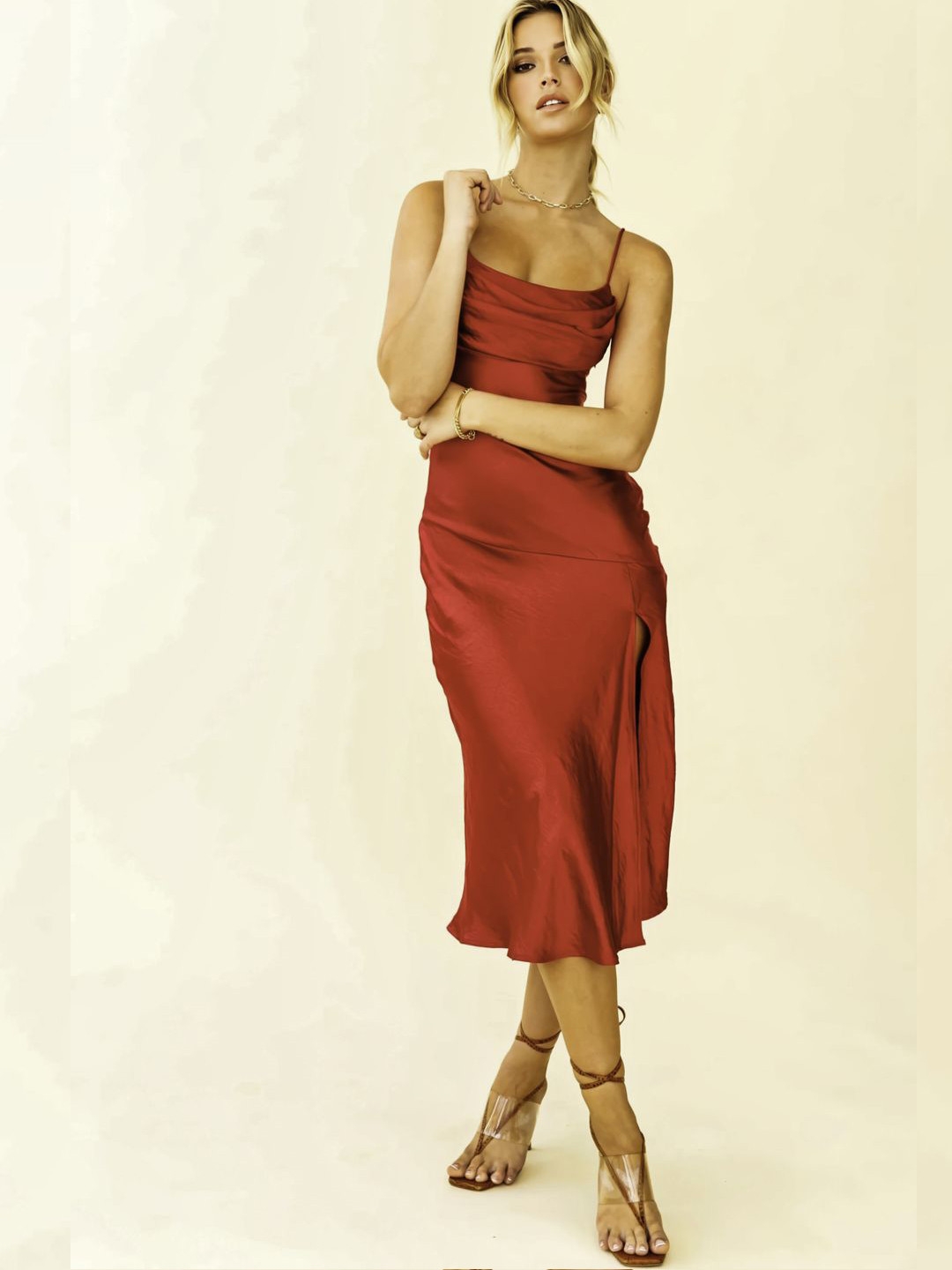 

Womenue Women Shoulder Straps Fit & Flare Midi Dress, Red