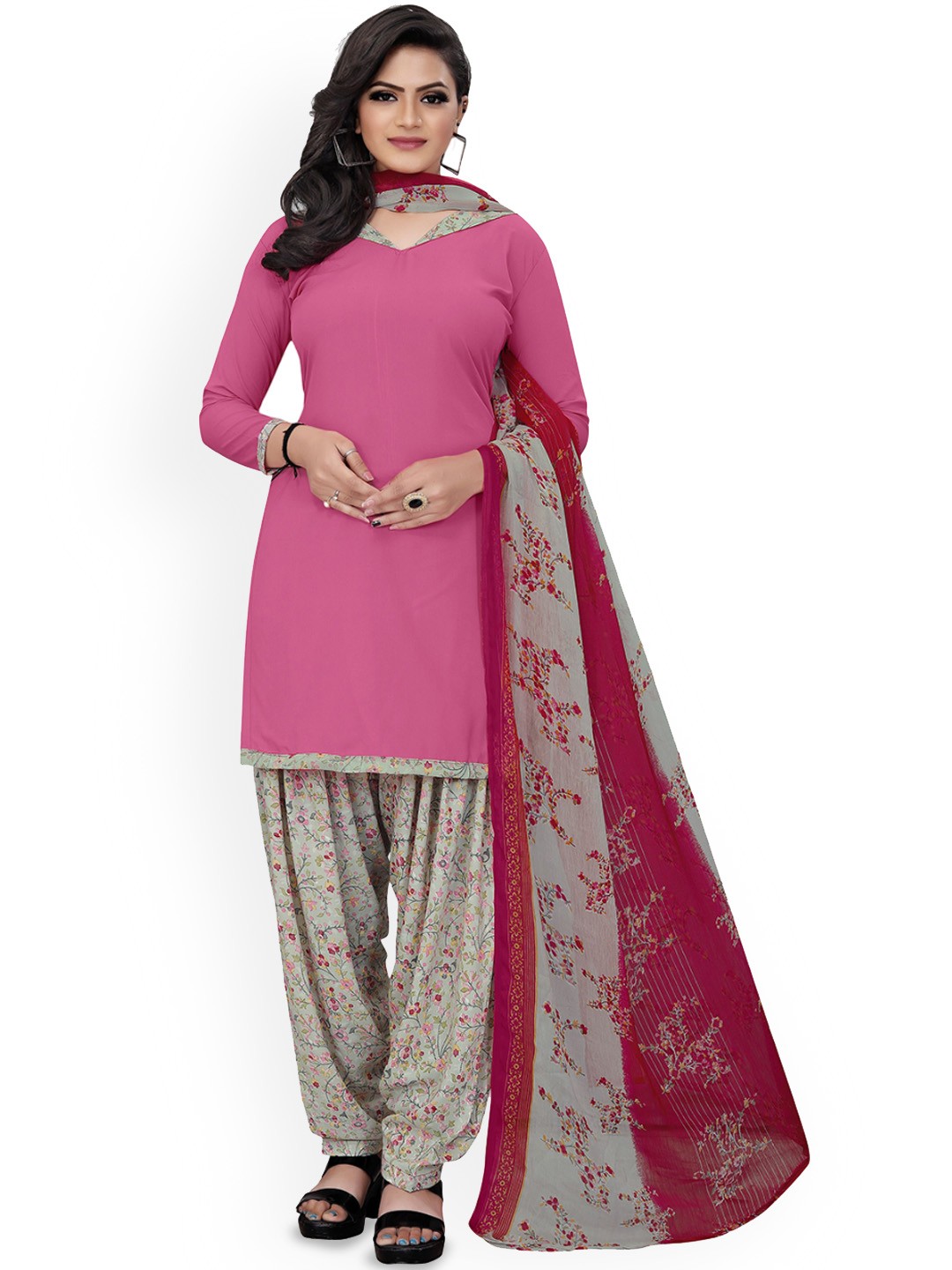 

Maroosh Floral Embellished Unstitched Dress Material, Pink