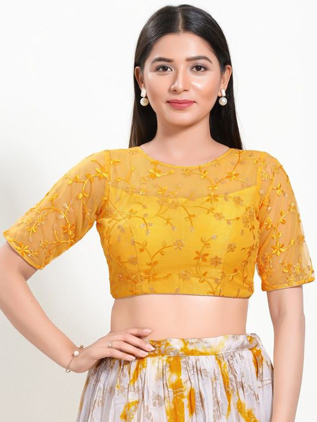 

Mmore Embroidered Padded Saree Blouse, Yellow
