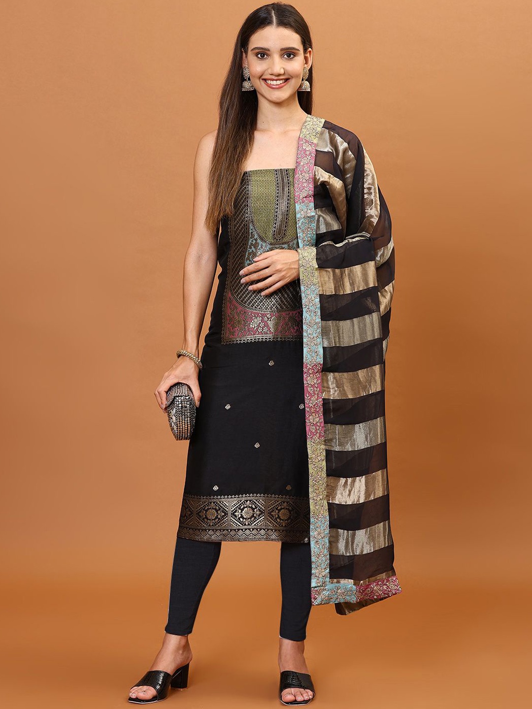 

Meena Bazaar Geometric Art Silk Unstitched Dress Material, Black