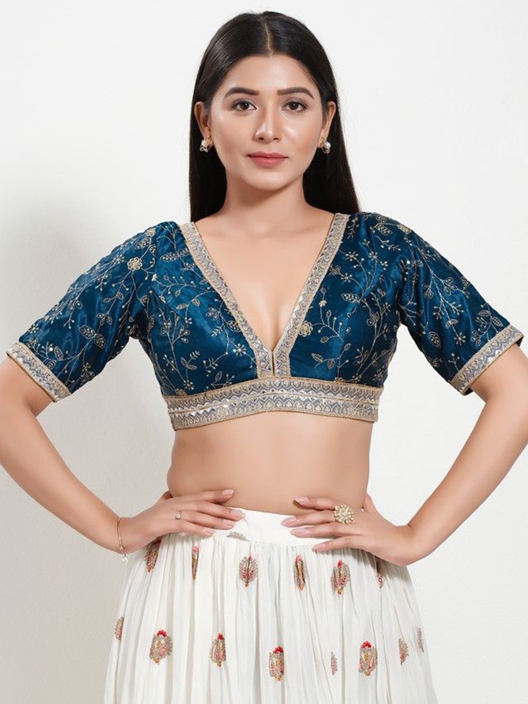 

Mmore Embroidered Readymade Padded Saree Blouse, Blue