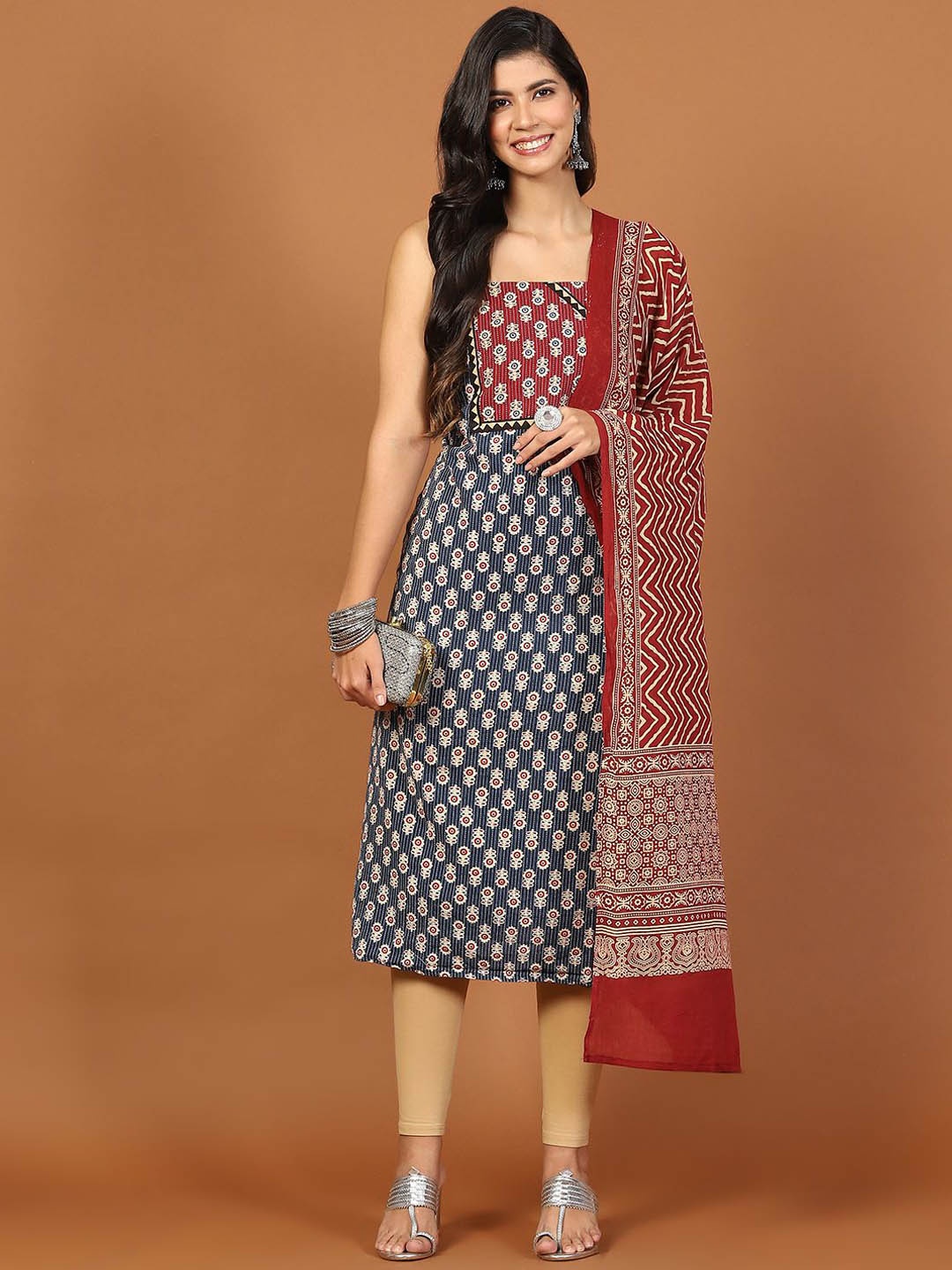 

Meena Bazaar Floral Printed Thread Work Cotton Unstitched Dress Material, Blue
