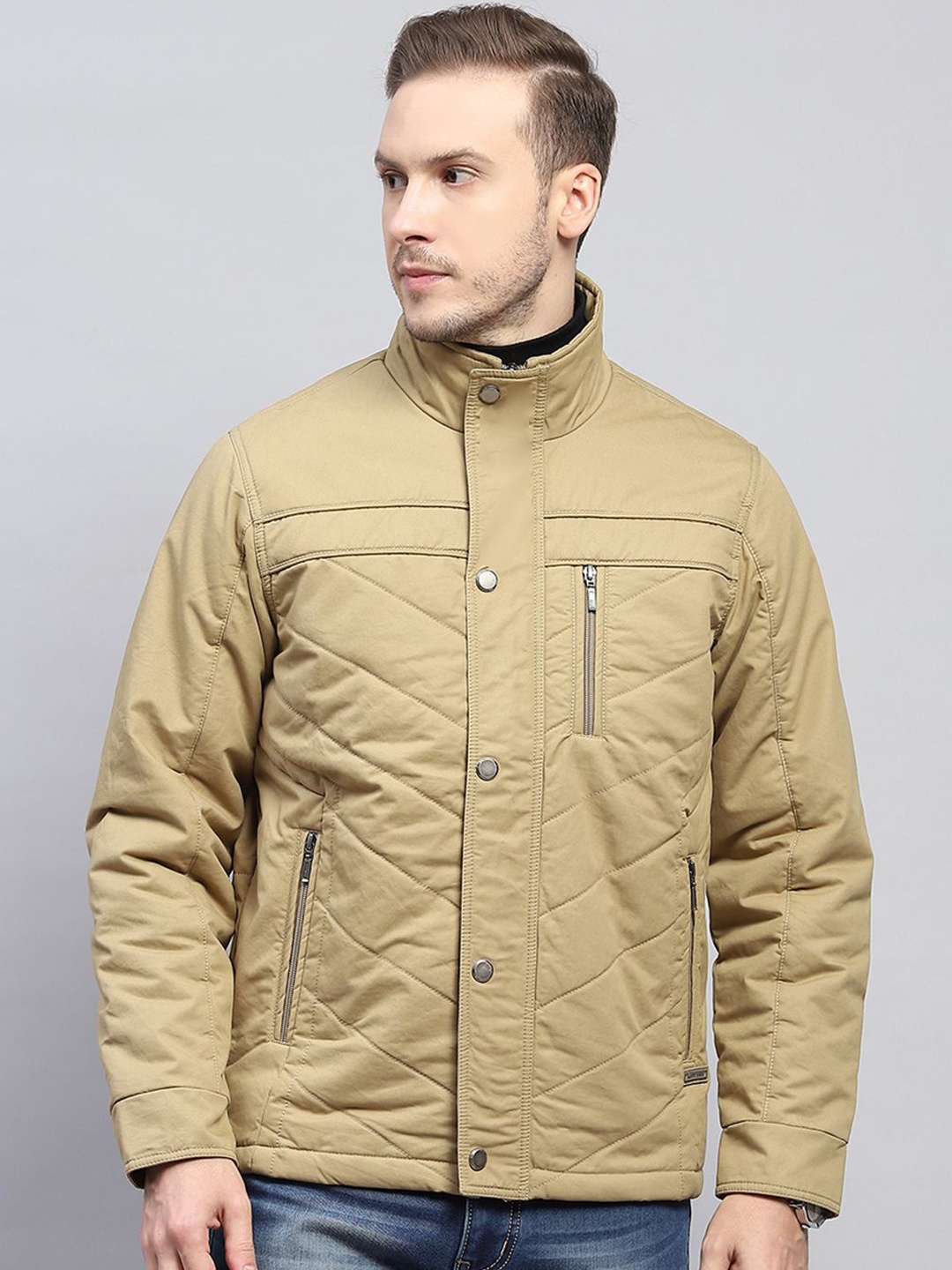 

Monte Carlo Men Mock Collar Solid Cotton Casual Padded Jacket, Beige
