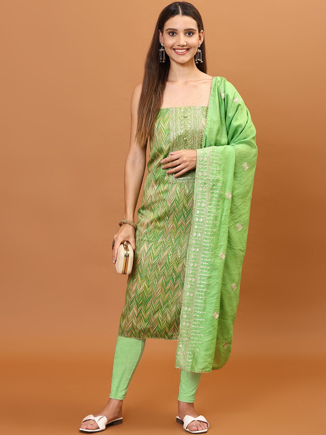 

Meena Bazaar Geometric Printed Sequinned Unstitched Dress Material, Green