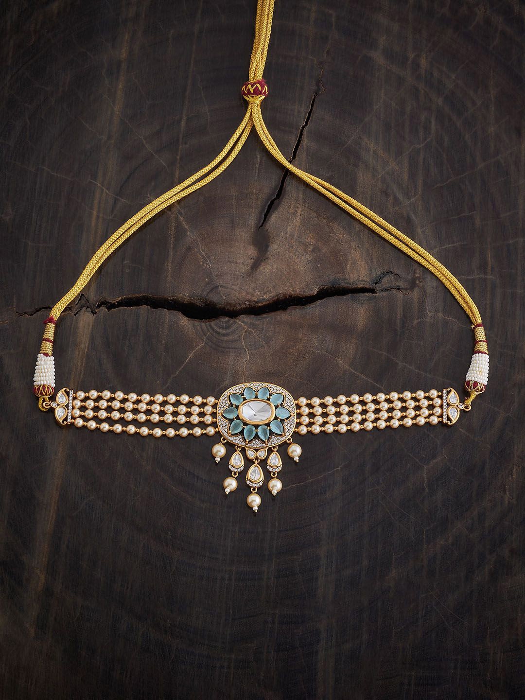 

Kushal's Fashion Jewellery Kundan Stone Studded & Beaded Minimal Necklace, Gold