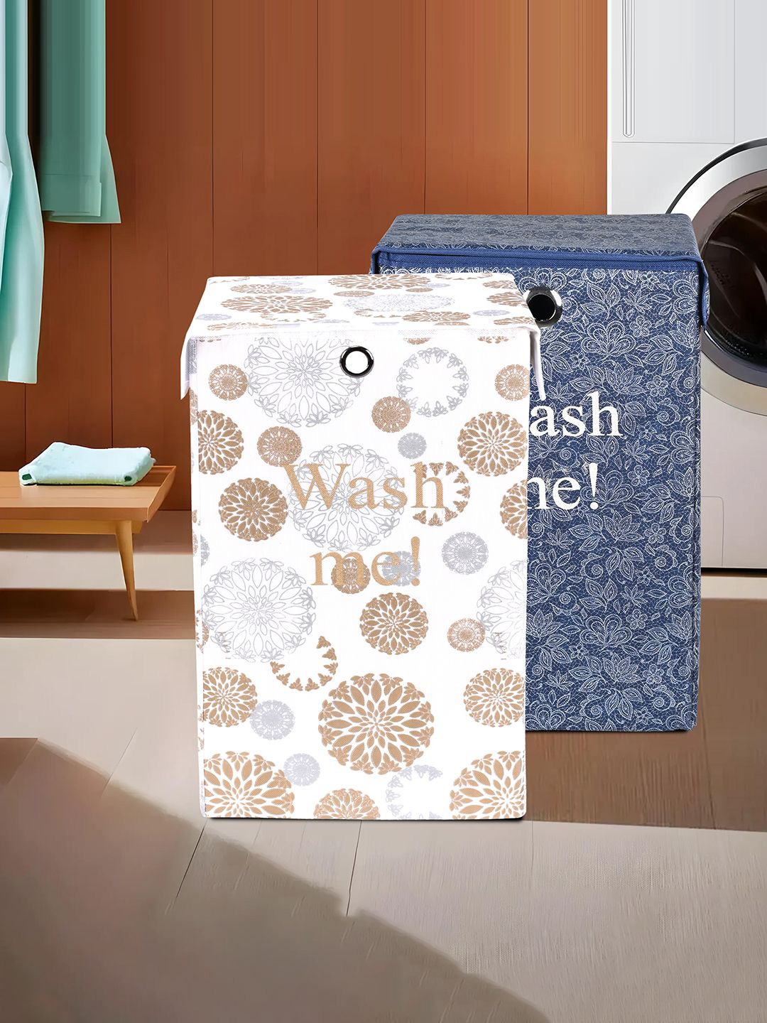 

Kuber Industries White & Navy blue 2 Pieces Printed Foldable Laundry Bags 75L