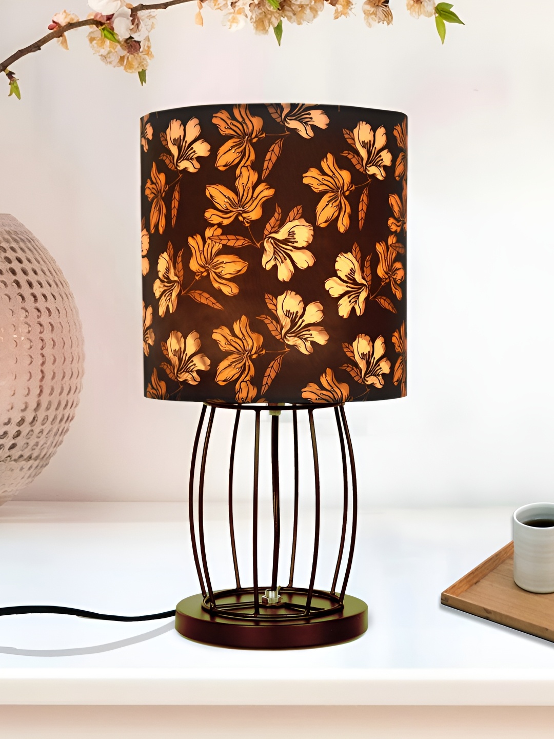 

Homesake Black Printed Cotton Contemporary Cylindrical Shaped Table Lamp with Bulb
