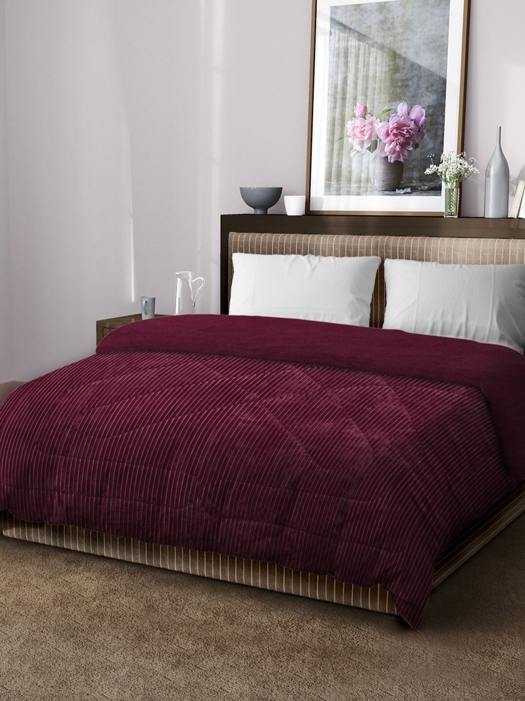 

KLOTTHE Maroon Striped Microfibre Filling 950 GSM Woolen Heavy Winter Double Bed Quilt