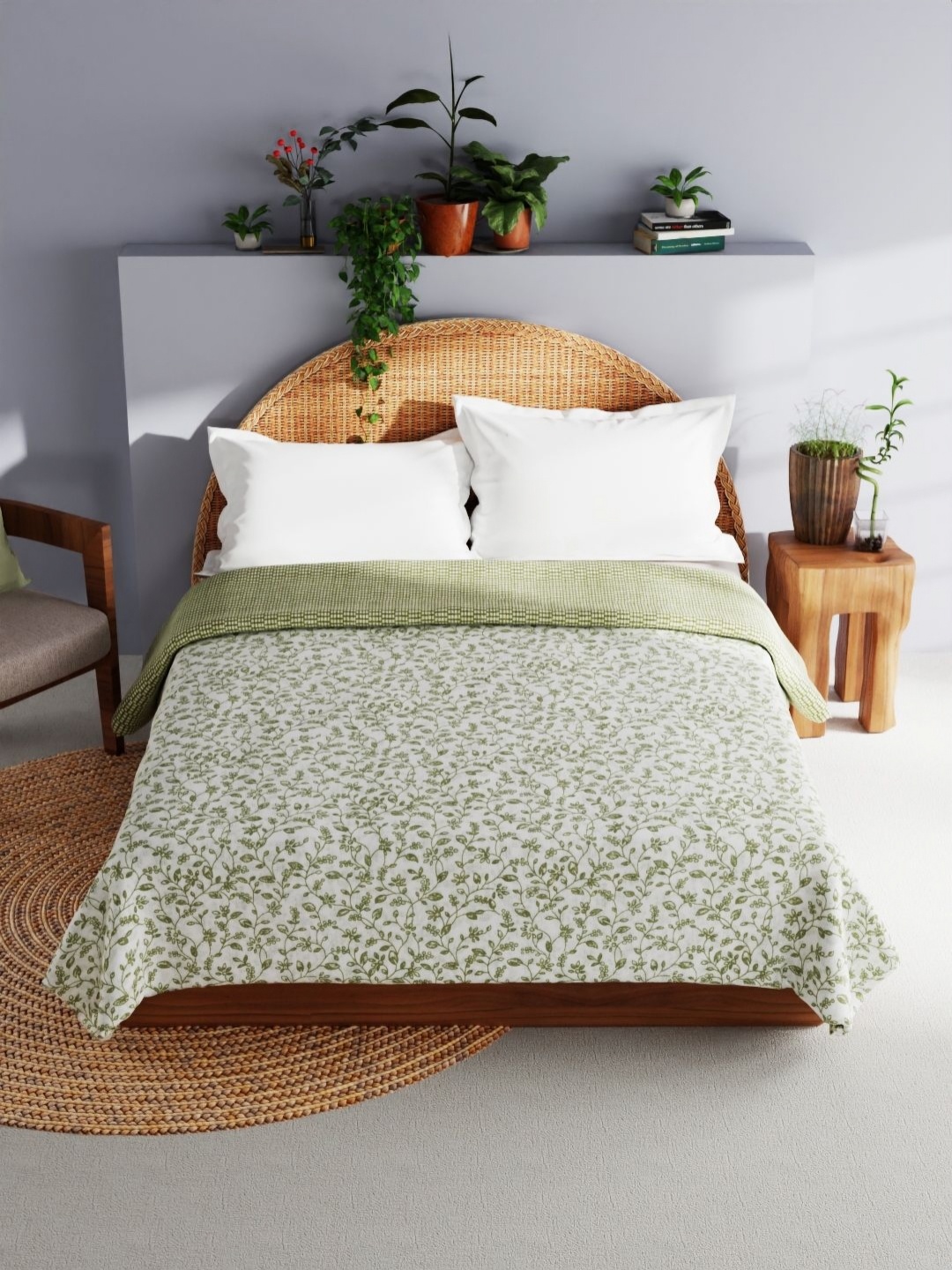 

BIANCA White & Green Floral AC Room Pure Cotton 150 GSM Double Bed Dohar