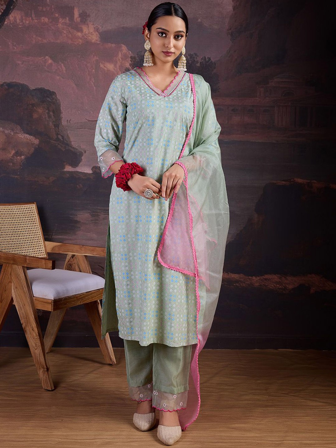 

House of Pataudi Kurta With Trousers & Dupatta, Green