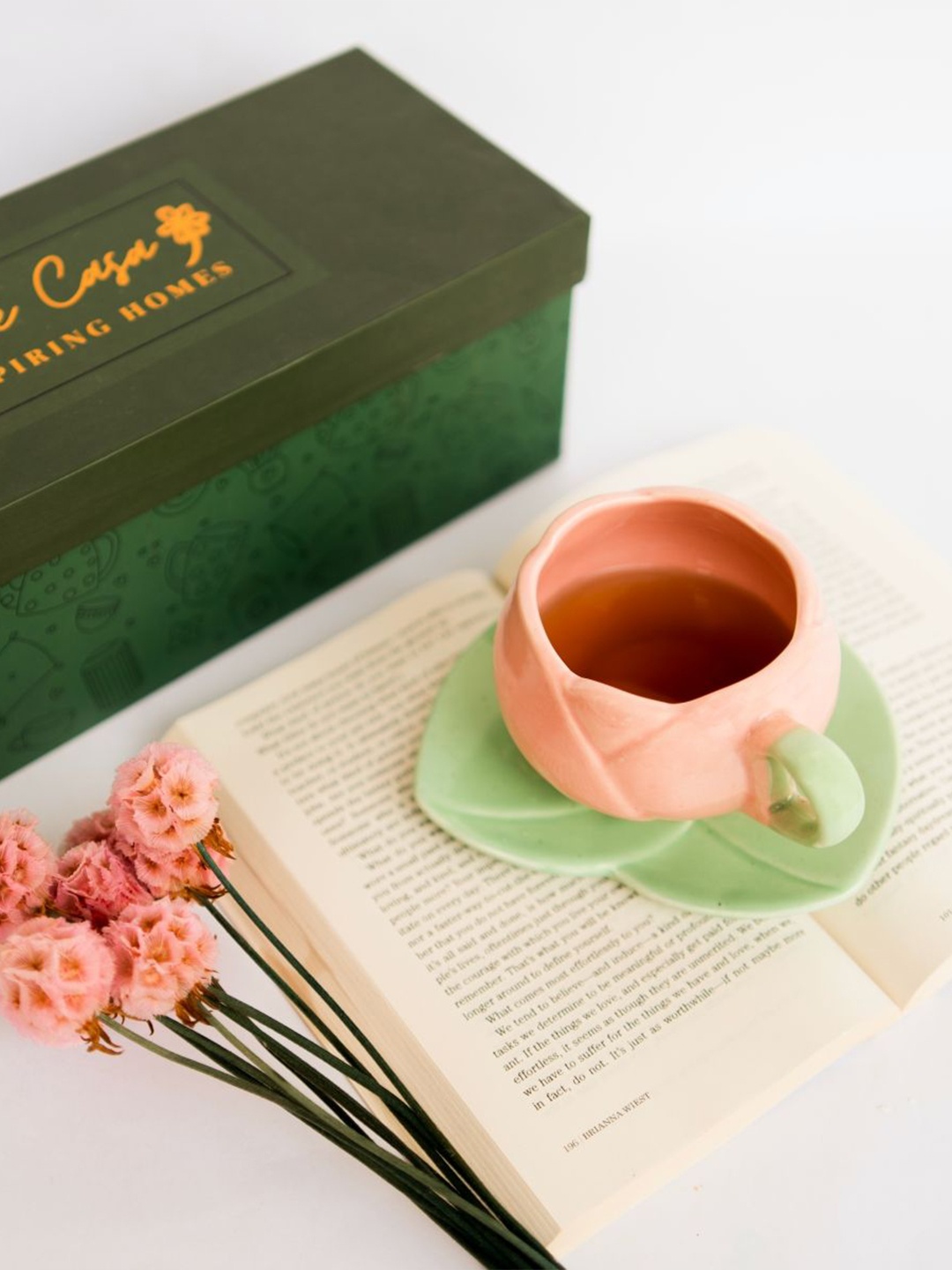 

ArteCasa Pink & Green 2 Pieces Textured Ceramic Glossy Cup With Saucer 300ml