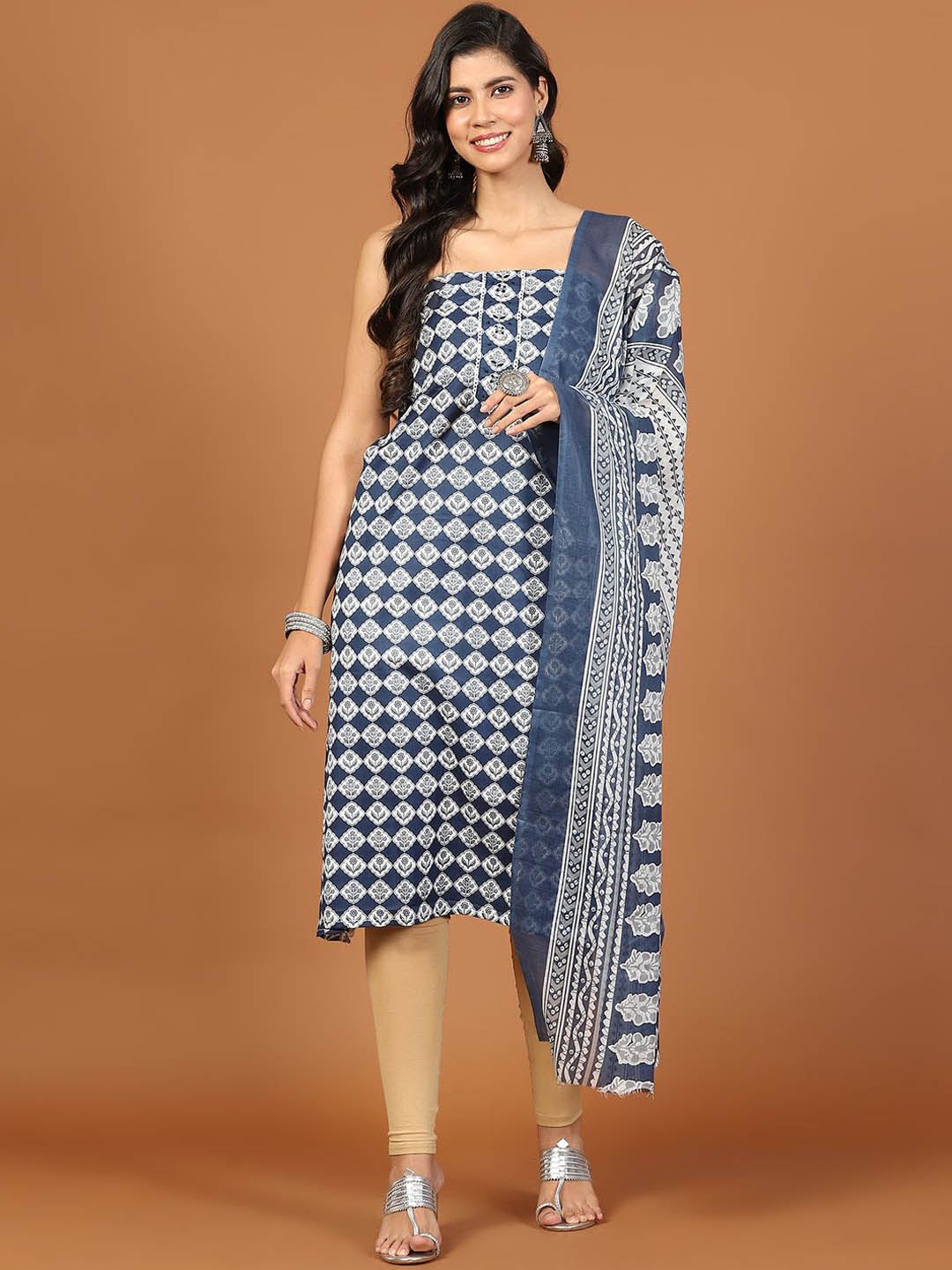 

Meena Bazaar Floral Printed Unstitched Dress Material, Blue