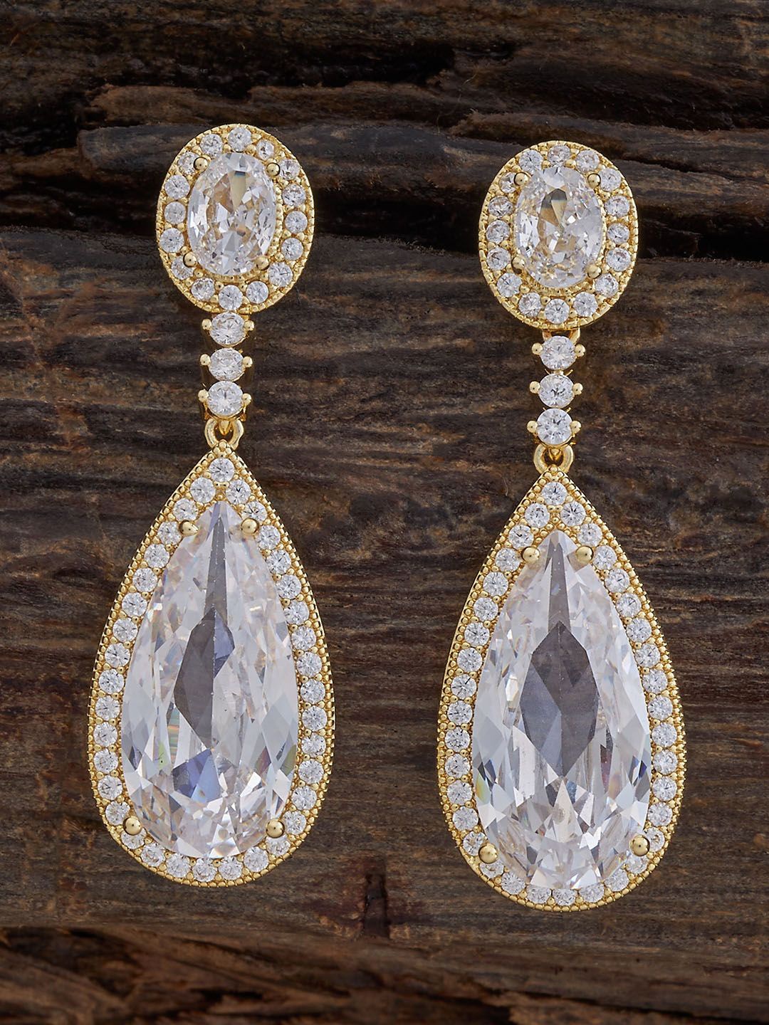 

Kushal's Fashion Jewellery Gold-Plated Teardrop Shaped Cubic Zirconia Drop Earrings