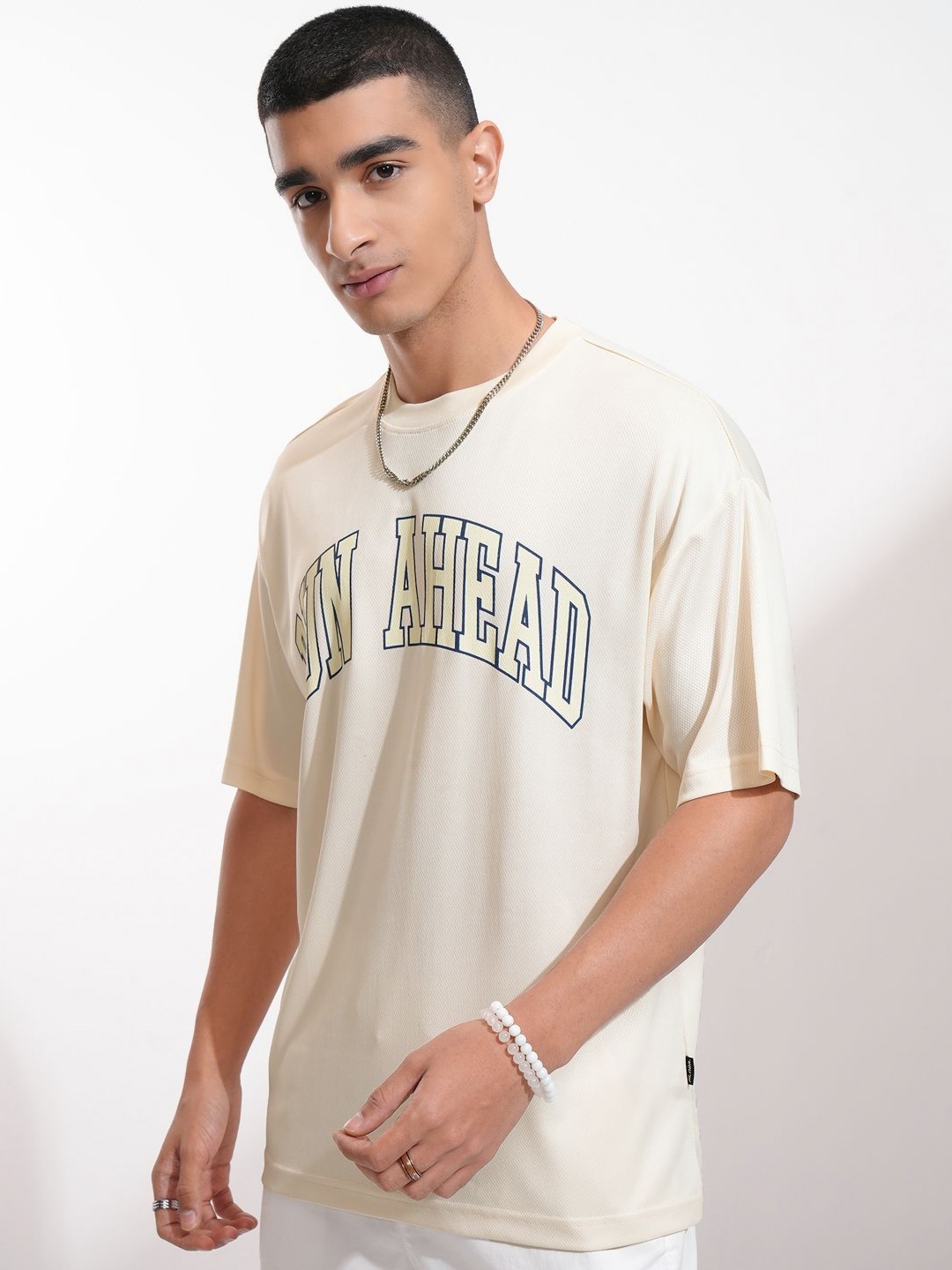 

HIGHLANDER Men Typography Printed Round Neck Oversized T-shirt, Cream