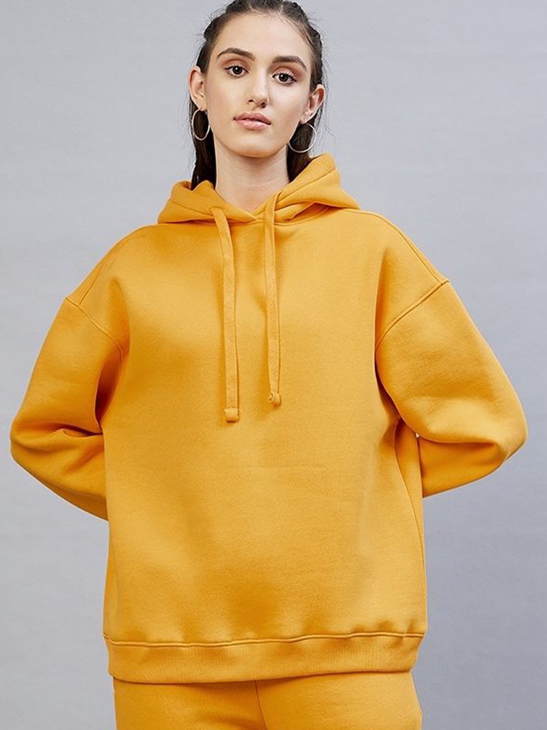 

DELAN Women Yellow Long Sleeves Fleece Pullover Hooded Sweatshirt